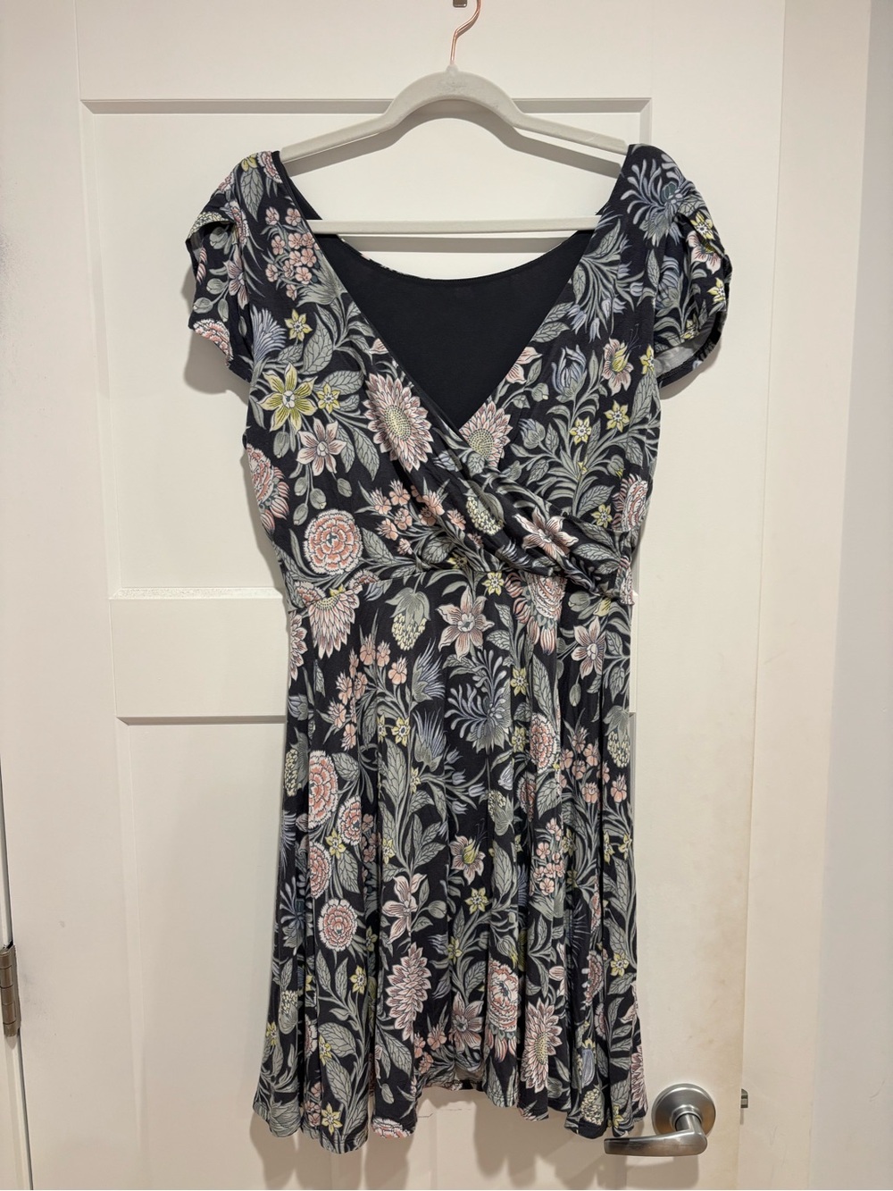 LOFT Black Floral Wrap Dress with Pastel Pink and Cream Blooms